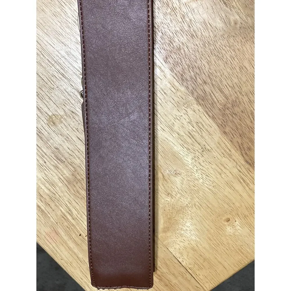 Brown Bonded Leather Belt Braided Woven Brass‎ Buckle Sz L